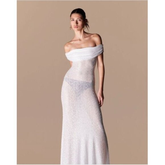 SELF-PORTRAIT Beaded Maxi Dress in White New Wedding Formal Gown Womens - Picture 11 of 16